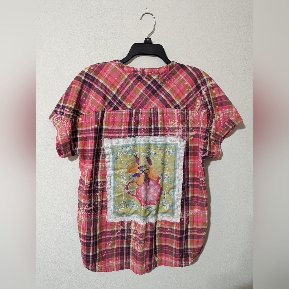 Soft Surroundings Women's Patchwork Short Sleeves Hi-Lo Plaid DIY Upcycled